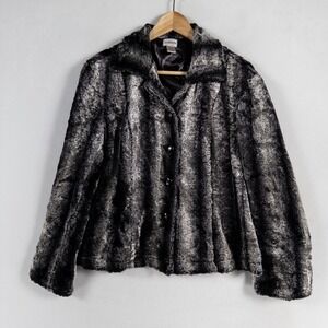Chico's Jacket Sz 2 US Large Black Gray Striped Faux Fur Button Up Mob Wife